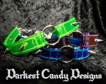 Toxic Candy Neon Vinyl Spiked O-Ring Choker, choice of Pink Green Orange Yellow Blue Purple, UV Blacklight Reactive, Creepy Cute Cyber Goth