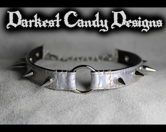 Lamia Dragon Scale Spiked Holographic Vinyl O-ring Choker, Green Silver Black, creepy cute cybergoth rave edgy fantasy reptile lizard snake