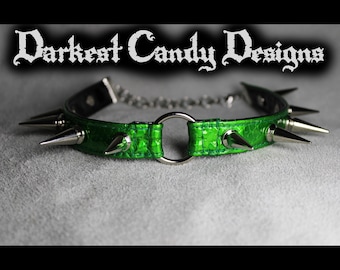 Wyvern Dragon Scale Spiked Holographic Vinyl O-ring Choker, Green Silver or Black, creepy cute cybergoth edgy fantasy reptile lizard snake