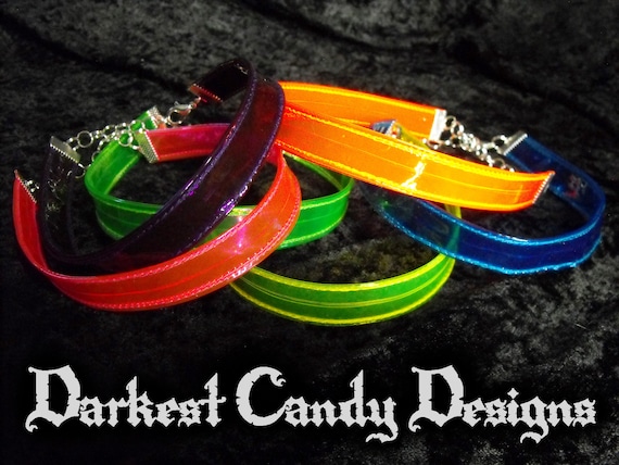 Poison Candy Neon Vinyl Choker, choice of Pink Green Orange Yellow Blue Purple, UV Blacklight, Transparent Creepy Cute Cyber Goth Clubwear
