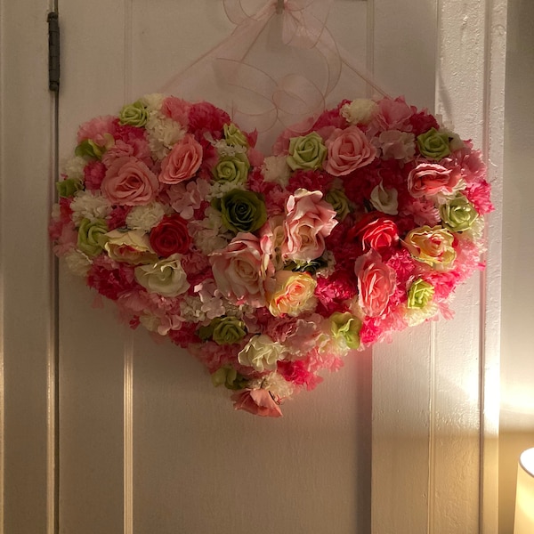 Shabby Chic Wreath, Valentines Day heart shaped wreath/valentines day decoration For front door or entry way or any wall, Large