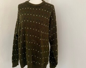 Vintage 1990s Authentic Issue Oversized Slouchy Dot Design Green Unisex Cotton Sweater Size Large