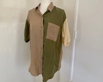 Vintage 1990s Kikomo Pure Silk Color Block Short Sleeve Button Up Shirt Cream, Brown, and Green Unisex Oversized Size Small