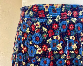 vintage années 1990 Floral Corduroy Midi Jupe Élastique Ceinture Leon Levin Taille 6