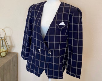 Vintage 1980s Pablo Collection Plaid Geometric Button Blazer Size 16