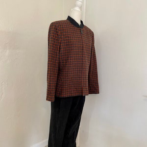 Vintage 1970s Mod Wool Two Piece Women&#39;s Suit Trousers and Zip Up Orange Plaid Blazer Size 14