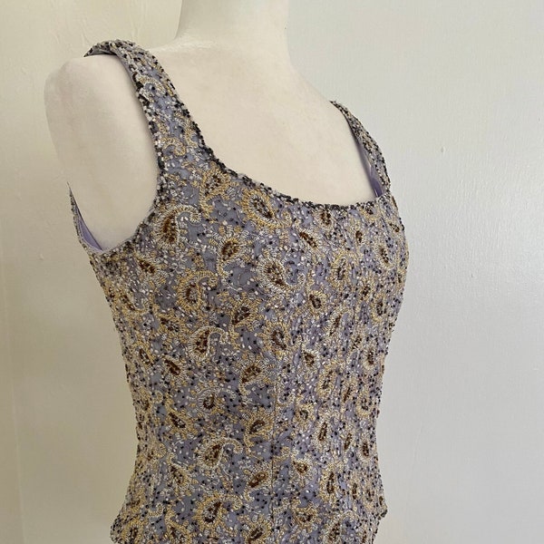 Vintage 1990s Stunning Intricately Beaded and Embroidered Paisley Light Purple Silk Boned Corset Top Lillie Rubin Size 10