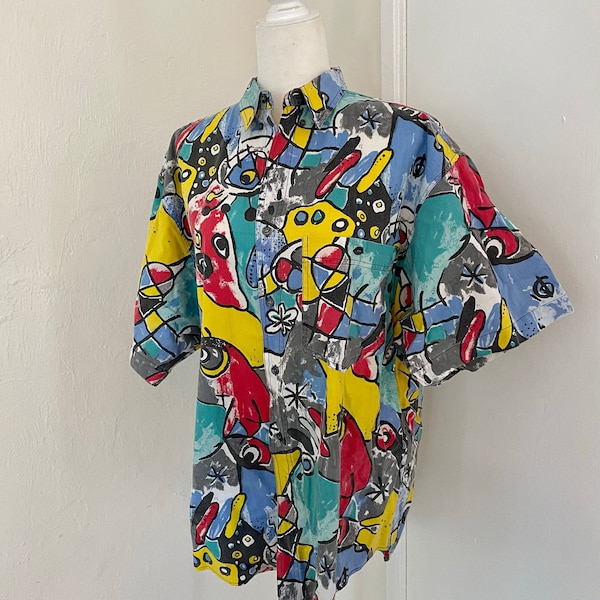 Vintage 1990s Unique Colorful Abstract Art Print Button Up Short Sleeve Unisex Cotton Shirt Santana Brand Size Large