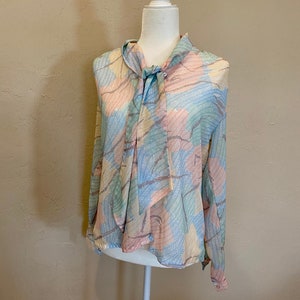 Vintage 1980er Bunte Pastell Button Up Kleid Shirt Krawattenhals Englisch Rose