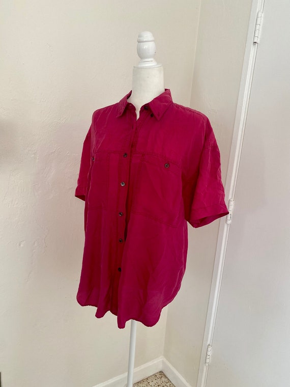 Vintage 1990s Authentico Forenza 100% Silk Fuchsia Short Sleeve Button Up Unisex Shirt Men's Size Small