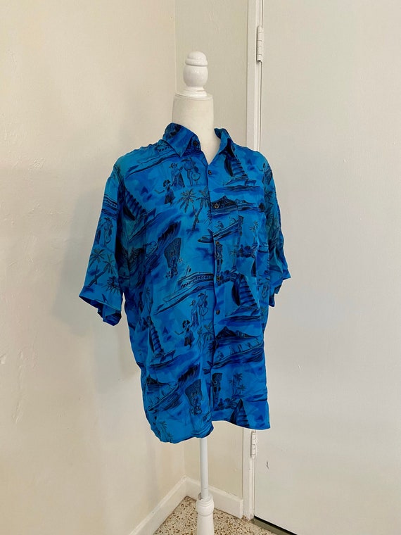 Vintage Rare 1960s Silk Traditional Hawaiian Tiki Montage Tropics Shirt Mens Size Medium