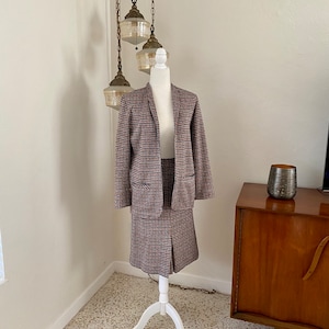 Vintage 1970s KoKo Knits 2 Piece Suit Jacket and Skirt Brown and Navy Plaid Check Woven Size 10