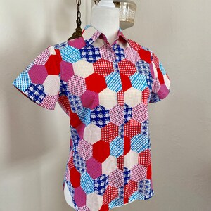 Vintage Early 2000s Lands End Patchwork Patterned Short Sleeve Button Up Size 2P