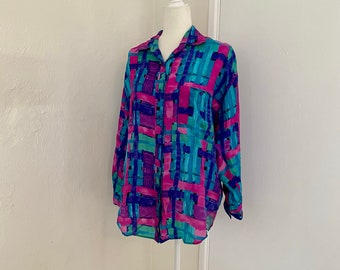 Vintage 1990s Silk Jeri Marque Vibrant Colorful Abstract Print Long Sleeve Button Up Shirt Unisex Size Medium