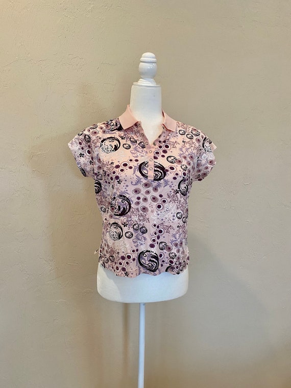 Vintage 1990s Graphic Printed Pink Fitted Golf Pol