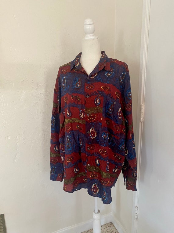 Vintage 1990s Protest Pure Silk Long Sleeve Button Up Colorful Abstract Art Paisley Shirt Unisex Oversized Size Large