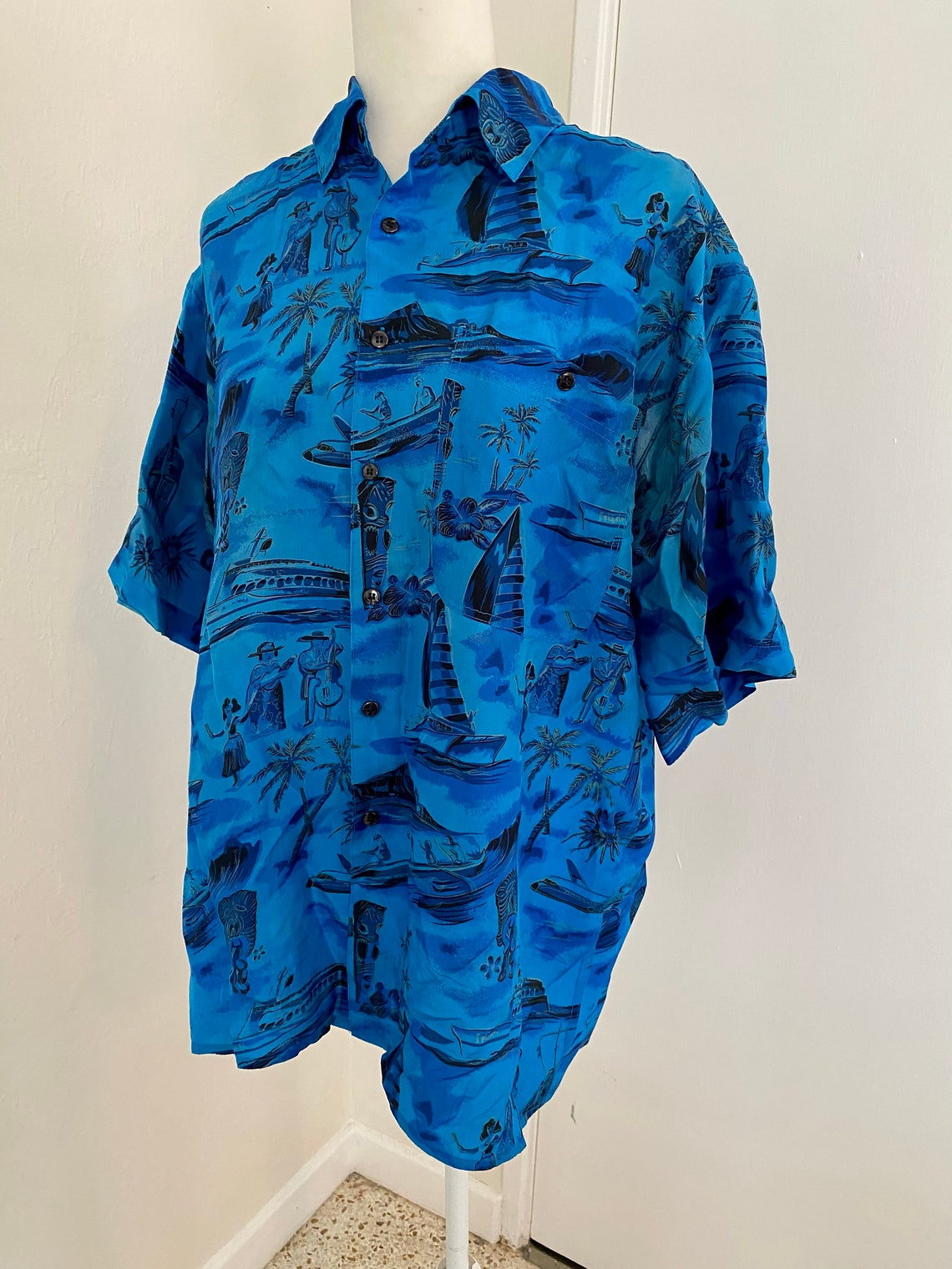 Vintage Rare 1960s Silk Traditional Hawaiian Tiki Montage Tropics Shirt Mens Size Medium, Foto 3 von 5