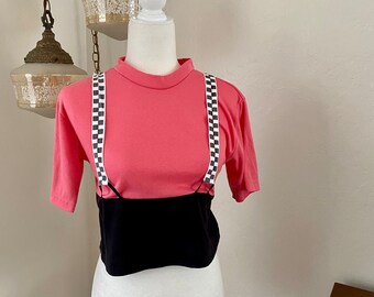 Vintage 1980s Kitschy Checkered Suspenders Hot Pink and Black Crop Shirt Stepping Up Brand Size Small
