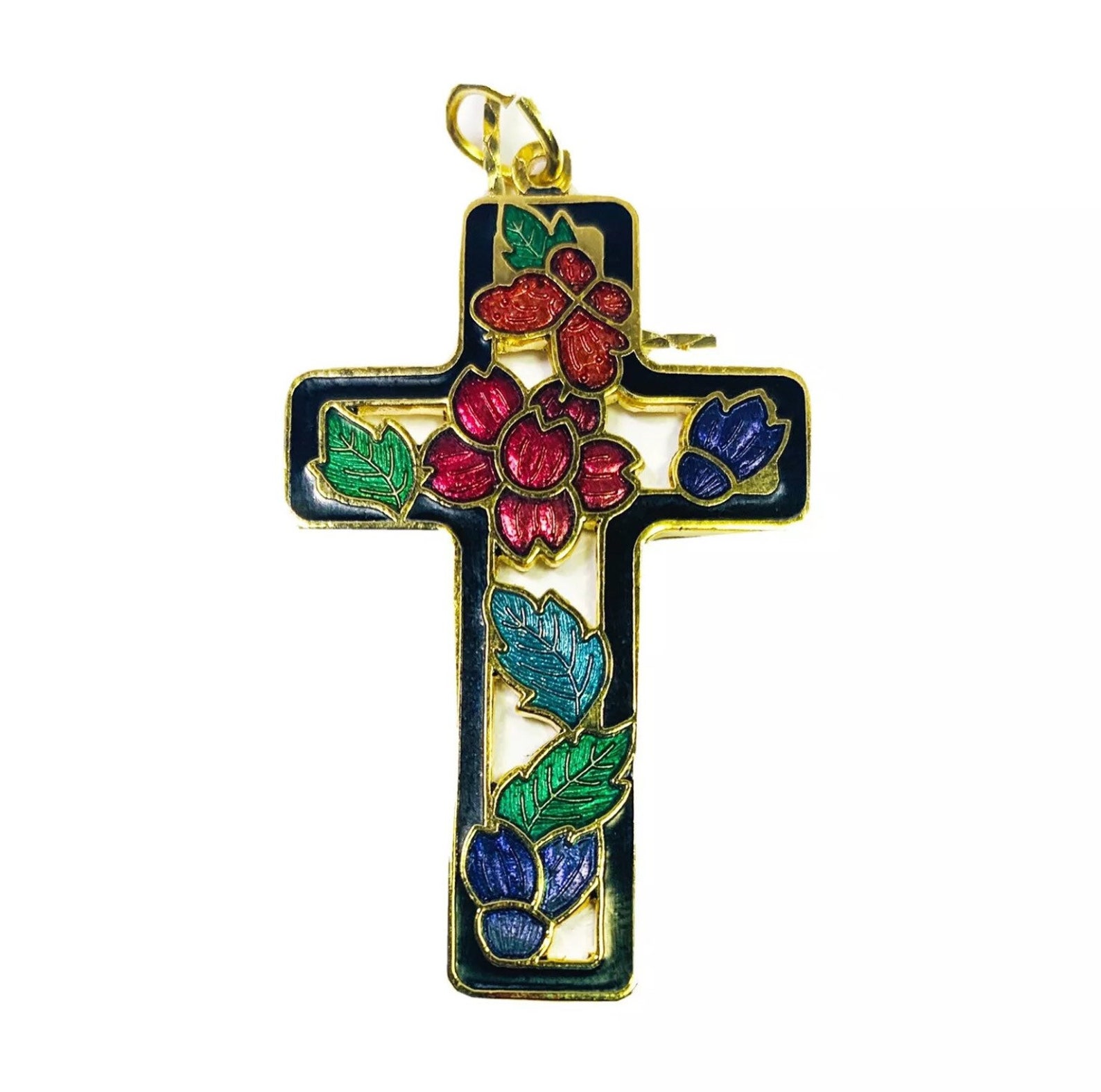 New Vintage Cloisonné Cross Pendant Necklace 14k Gold Plated Etsy