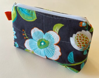 Gray Floral Fabric Stand Up Zip Pouch