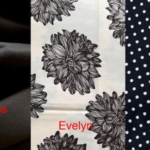 May include: A fabric sample image featuring three distinct patterns. On the left, a solid black fabric labeled "Moonless Night Black." The center displays a floral design with black line art on a cream background, labeled "Evelyn." The right shows a navy blue fabric with white polka dots, labeled "Dee Dot."
