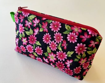 Black/Red Floral Fabric Stand Up Zip Pouch