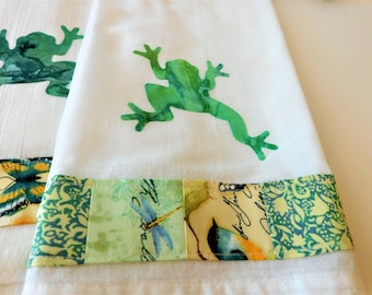 Appliqued Frog Flour Sack Towels With Patchwork Border