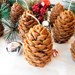 May include: A set of six brown pine cone shaped candles. The candles are arranged on a white surface with silver bells and red and green holiday decorations.