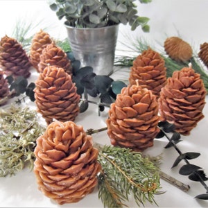 May include: A collection of brown pine cone shaped candles arranged on a white surface with green pine branches and eucalyptus leaves.