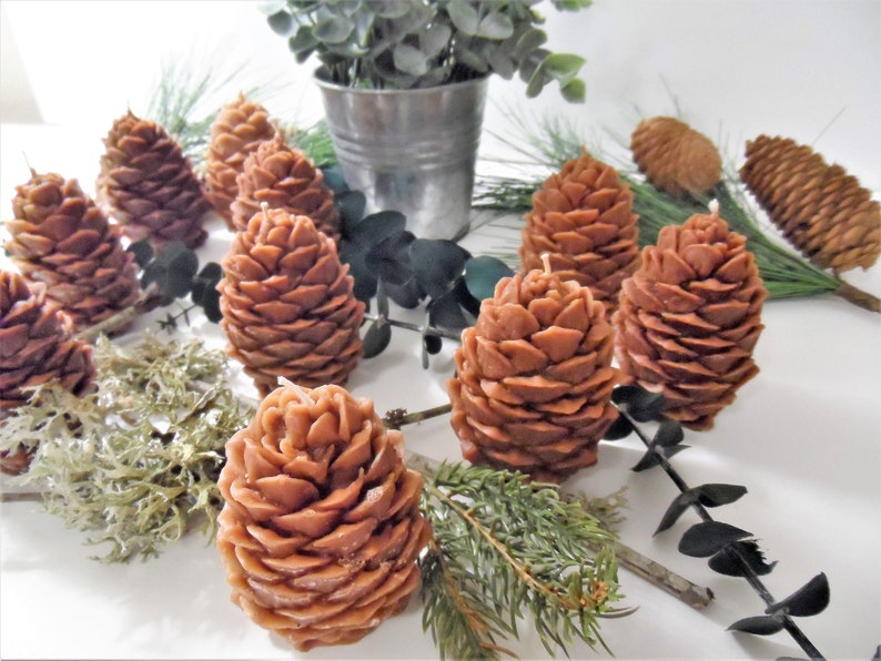 May include: A collection of brown pine cone shaped candles arranged on a white surface with green pine branches and eucalyptus leaves.