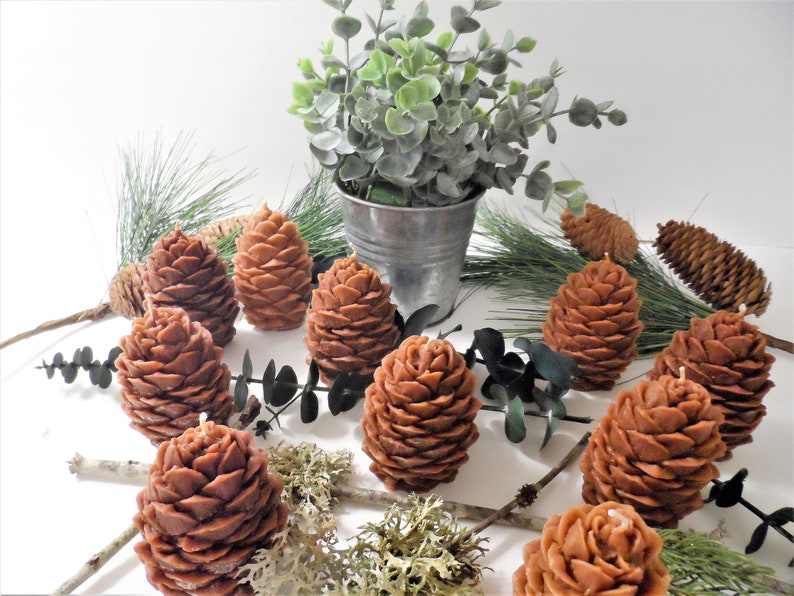 May include: A group of brown pine cone shaped candles on a white surface with green eucalyptus sprigs and pine needles.