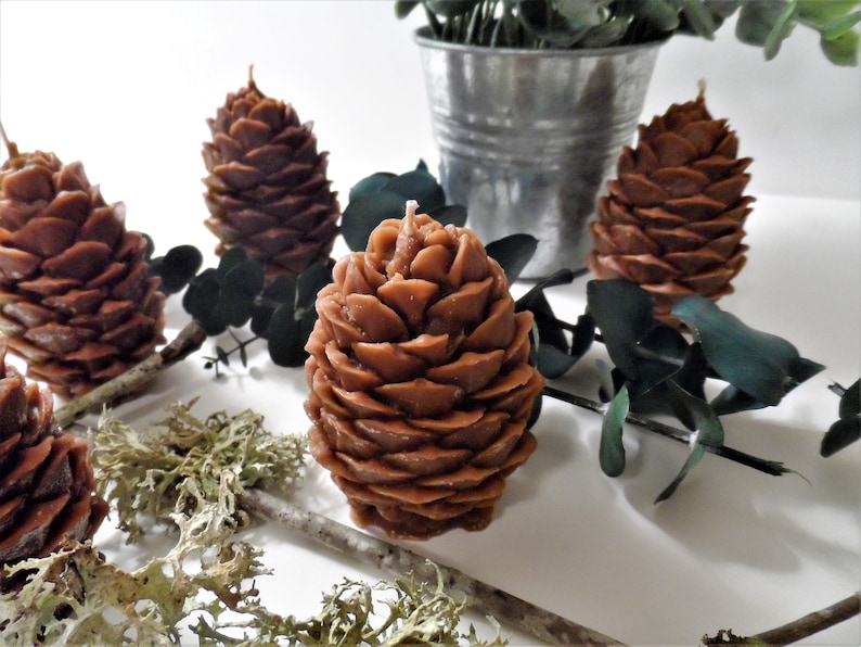 May include: Five brown pine cone shaped candles on a white surface with green eucalyptus leaves and brown moss.