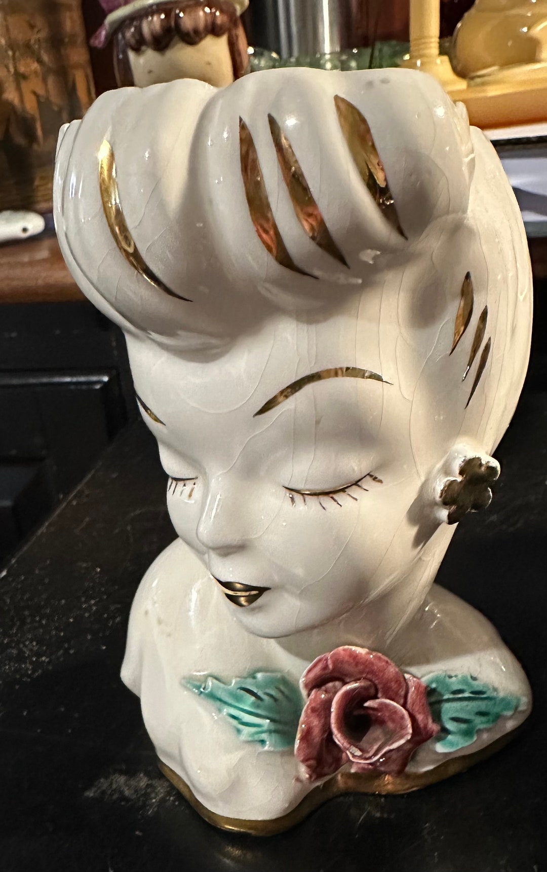 Vintage Lady Head Vase Glamour Girl Gold Accent Flower by Lewis Weil 5.