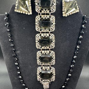 Vintage Rhinestone Bracelet Earrings & Black Bead Necklace Set Art Deco Style