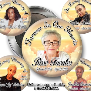 In loving Memory of Rest In Peace 2 inch Pin back Yellow Cloud Buttons