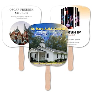 May include: Three white paper fans with wooden handles. One fan features a church image and text for "St. Mark A.M.E. Church Family & Friends Day." Another fan has a church image and text for "Oscar Fredrik Church." The third fan has a photo of people and text for "Worship Service."