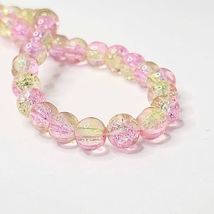6mm Pale Pink and Yellow Green Glass Crackle Beads, Rounds Beads, Two-tone Crackle, Unique Beads, Crackle Glass, Sparkle Beads