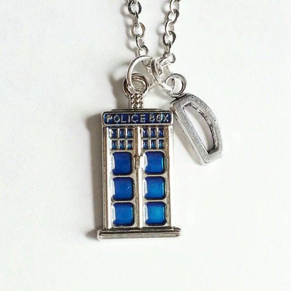 Dr Who inspired Personalized Initial and Tardis necklace, Silver, 18"