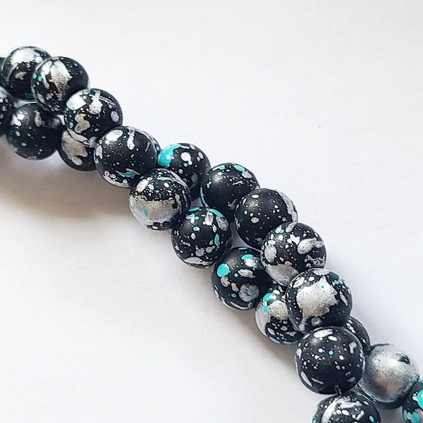 8mm Painted Glass Beads, Matte Black Beads embellished  with Bright Turquoise Blue and Metallic Silver, Opaque Graffiti Beads, Combined Ship