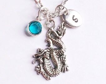 Personalized Antique Silver Dragon Necklace, Hand Stamped Initial, Genuine Swarovski Crystal Birthstone, Buyers Choice of length