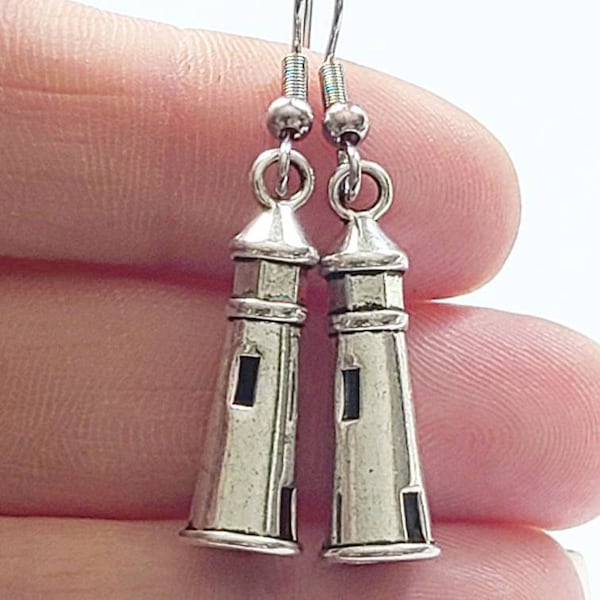 Lighthouse Earrings, Silver Lighthouse, Stainless Steel Earring Hooks, 3D Lighthouse, Minimal Earrings, Ocean Earrings, Nubble Light