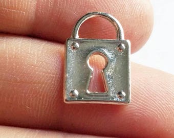 10, 20, or 50 Shiny Silver Lock Charms,  Double Sided. Platinum Color