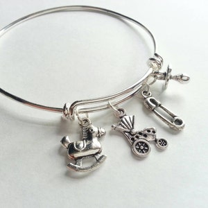 Baby Themed Expandable Charm Bracelet, Baby Carriage, Rocking Horse, Safety Pin, Pacifier, New mother, Newborn, Baby Shower Gift