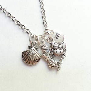 Be a Mermaid Necklace,  Personalized,  Hand Stamped initial, Custom Length,  Sea Themed, silver mermaid, Crab, seashell