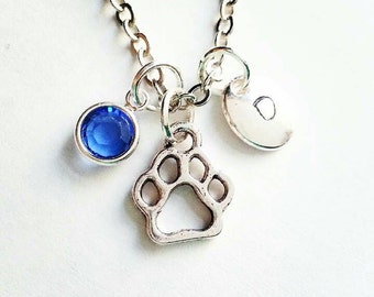 Personalized Silver Paw print necklace,  Handstamped Initial, Swarovski Crystal Birthstone, Best friend,  Pet remembrance