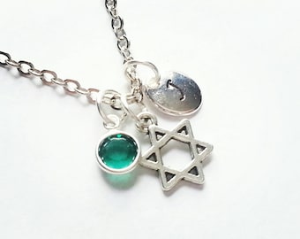 Star of David Necklace,  Personalized Silver, Stamped Initial, Genuine Swarovski Birthstone Crystal, Custom Length