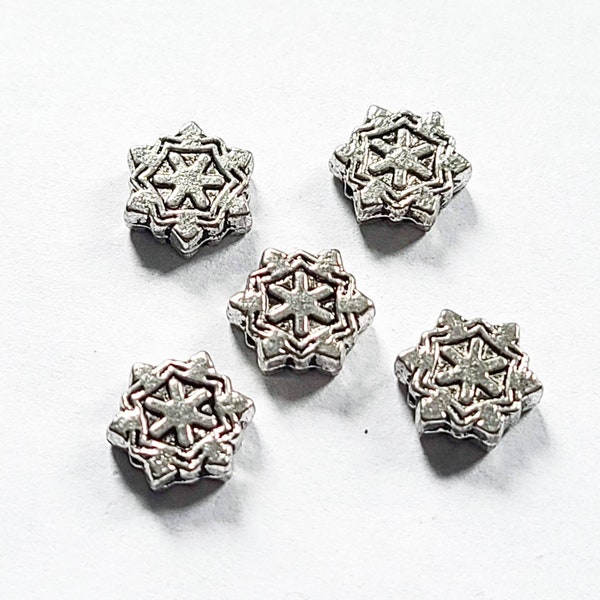 Silver Bead, Silver Focal, 8.5x9.5x3mm, Snowflake Bead, Silver Spacer, Double Sided,  Antique Silver Beads, Accent Beads, Combined Shipping