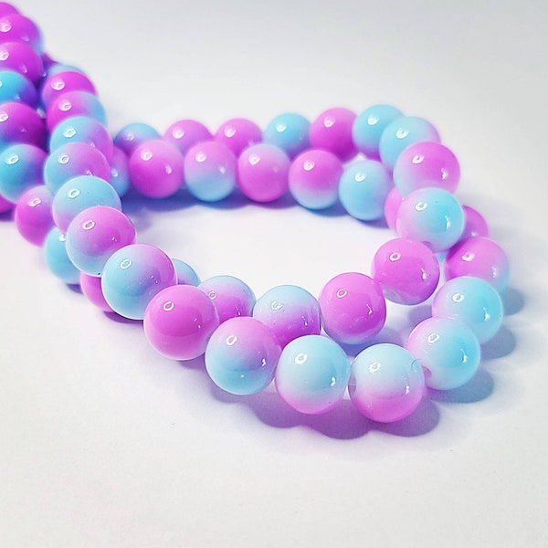 8mm Painted Glass Beads, Two Tone Opaque Pastel Blue and Pink, 8mm Glass Beads, Painted, Spring Colors, Combined Shipping