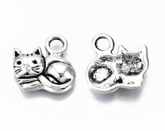 10, 20 or 50 Silver Cat Charm Pendants, 14x14mm, Cat Lover Charms, Silver Kitty Charms, Animal Charms, Combined Shipping