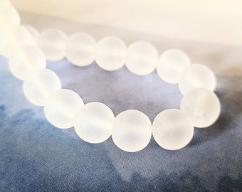 Glass Beads, White Frosted Beads,  8mm Glass, Sea Glass Finish, Round Beads, White Glass Beads, Frosted Round Beads, Combined Shipping